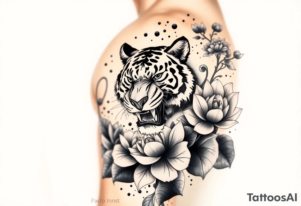 fierce tiger emerging through blooming lotus flowers in mist tattoo idea