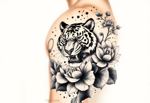 fierce tiger emerging through blooming lotus flowers in mist tattoo idea
