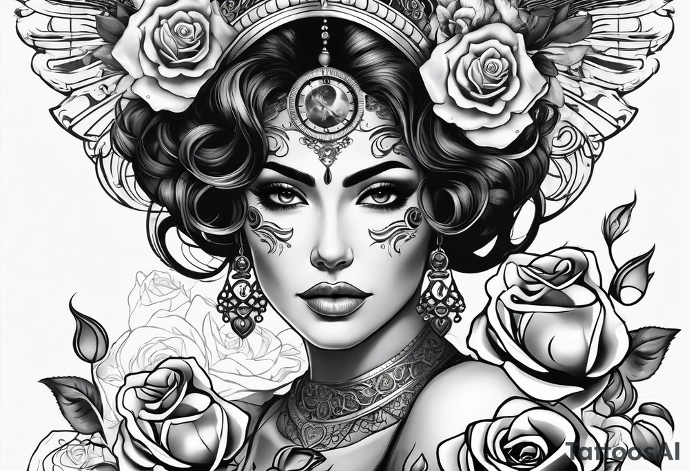 Hispanic/ Latin  woman GODDESS with half skull face, roses, loving heART, strength,  cancer zodiac , time heals all tattoo idea