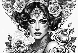 Hispanic/ Latin  woman GODDESS with half skull face, roses, loving heART, strength,  cancer zodiac , time heals all tattoo idea