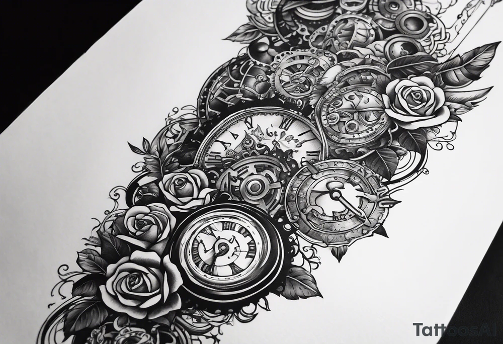 Sleeve with steampunk design with roses, warriors, mechanicals and fire tattoo idea