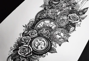 Sleeve with steampunk design with roses, warriors, mechanicals and fire tattoo idea