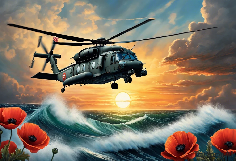 A cinematic-style tattoo depicting a Canadian military CH-148 Cyclone helicopter performing a daring maneuver over a turbulent ocean. The sky should be filled with dramatic clouds, and the sun should be setting, casting long shadows. The helicopter should be the main focus, with intricate details and a sense of motion. In the background, a poppy should be prominently displayed, and a quote from 'Lest We Forget' should be included, black and white tattoo tattoo idea