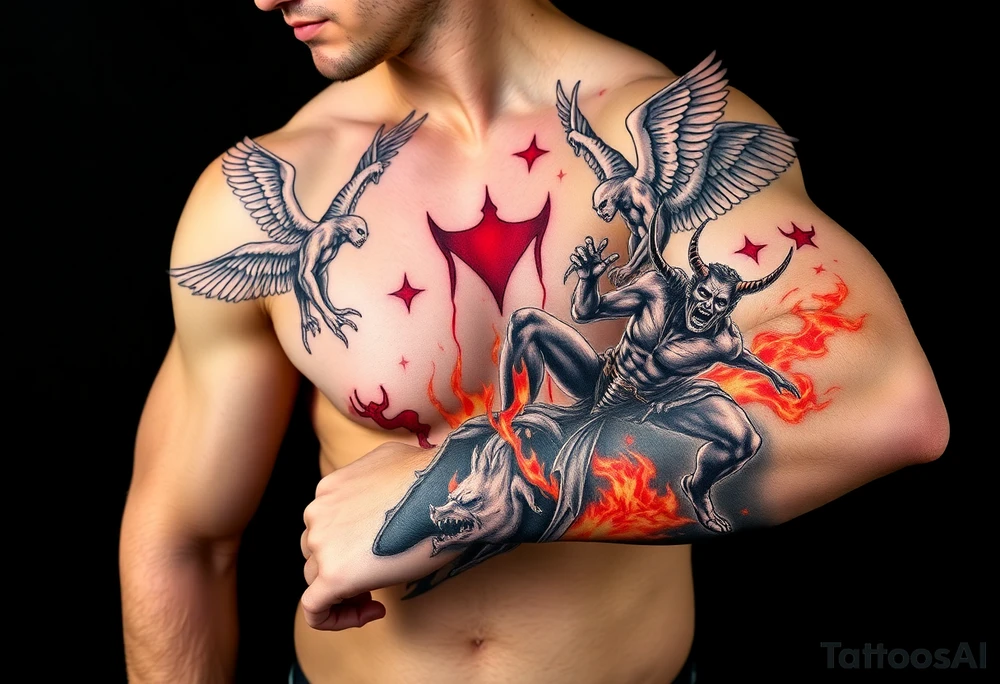 Heaven’s angels fighting hells demons. Angels flying and demons climbing up out of hell tattoo idea
