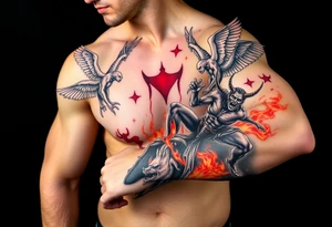 Heaven’s angels fighting hells demons. Angels flying and demons climbing up out of hell tattoo idea