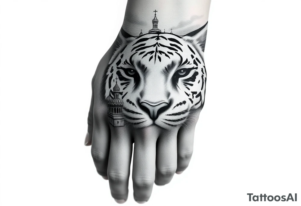 Realistic white tiger face on the back of the hand with strong contrast and fine detail with its eyes completely black. with a highly detailed Russian Orthodox cathedral sitting above on fore arm with onion domes and orthodox crosses, done in fine line, engraving-like style. Cohesive composition, black ink only, no color, high contrast, slightly aged, documentary-style, plain light background. with clouds above and a virgin mary 
spanning from my hand to lower fore arm tattoo idea