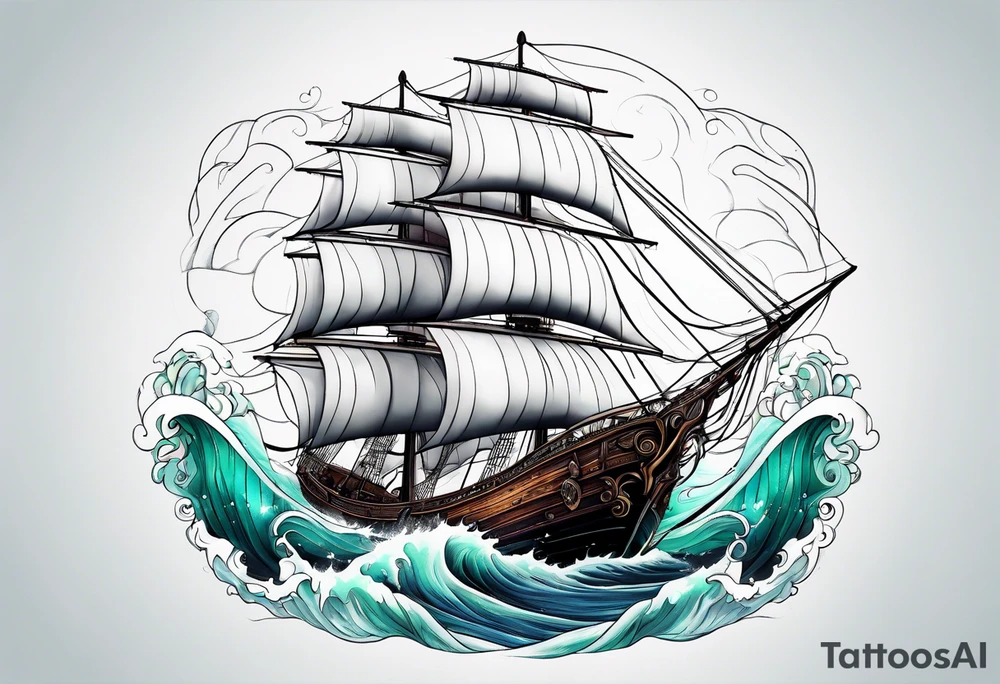 Sailing ship in storm with waves of hair from beautiful mermaids tattoo idea