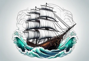 Sailing ship in storm with waves of hair from beautiful mermaids tattoo idea