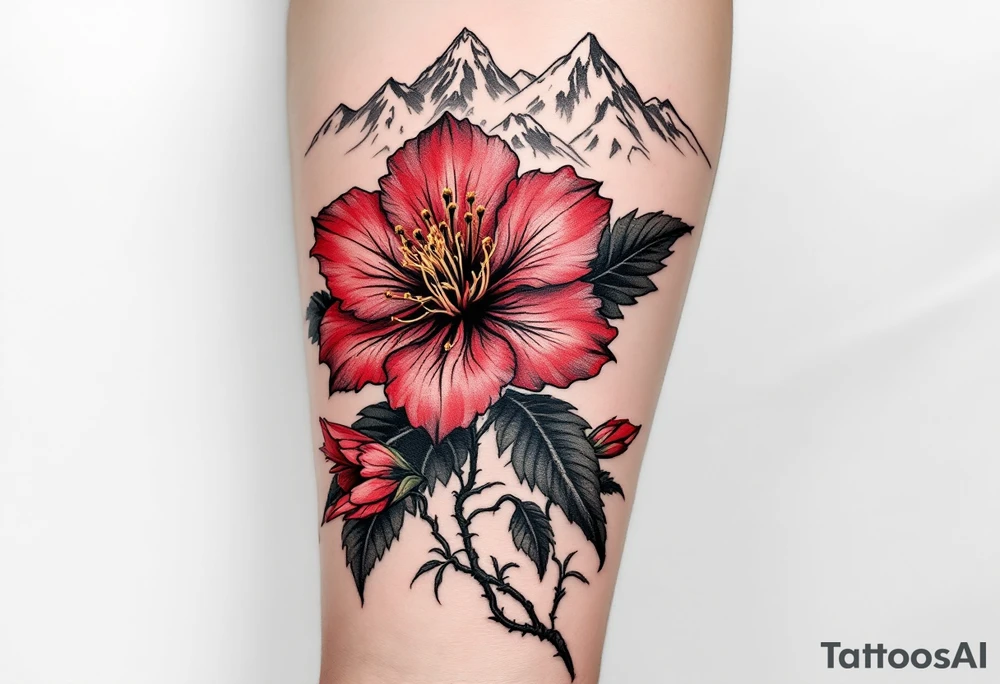 red  and black rhododendron trippy with Himalayas behind tattoo idea