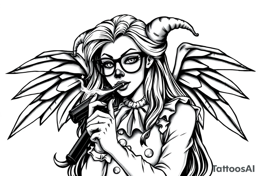 beautiful long hair Clown Girl thug eyeglasses fairy wings smoking a cigarette holding a gun tattoo idea