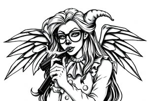 beautiful long hair Clown Girl thug eyeglasses  fairy wings smoking a cigarette holding a gun tattoo idea