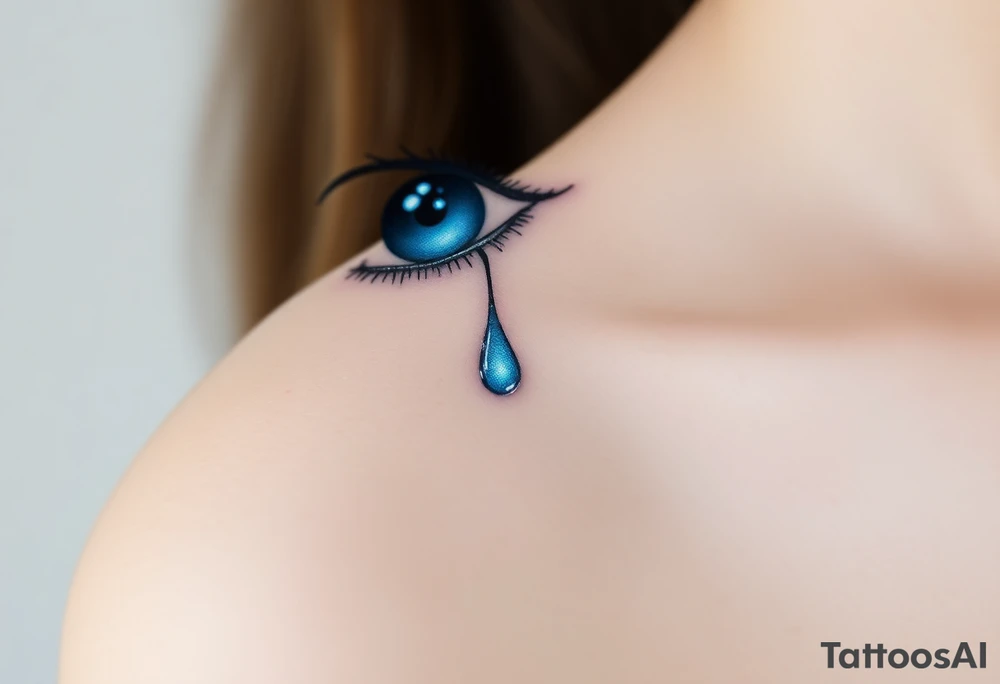 A tear drop dripping from the eye, glowing in silver and blue tattoo idea