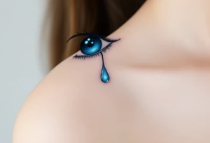 A tear drop dripping from the eye, glowing in silver and blue tattoo idea
