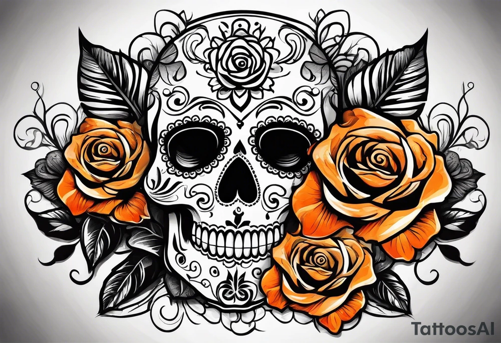 Sugar skull with roses that are orange and black tattoo idea