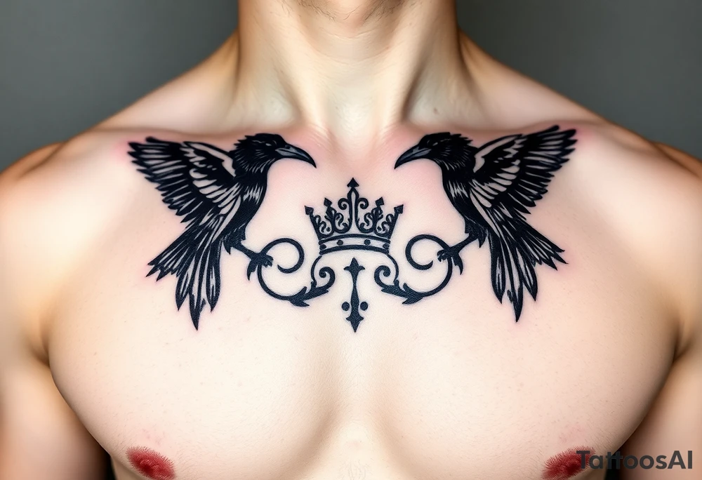 Chest tattoo, two ravens and icelandic symbols, dark brest tattoo, crown betwen ravens tattoo idea