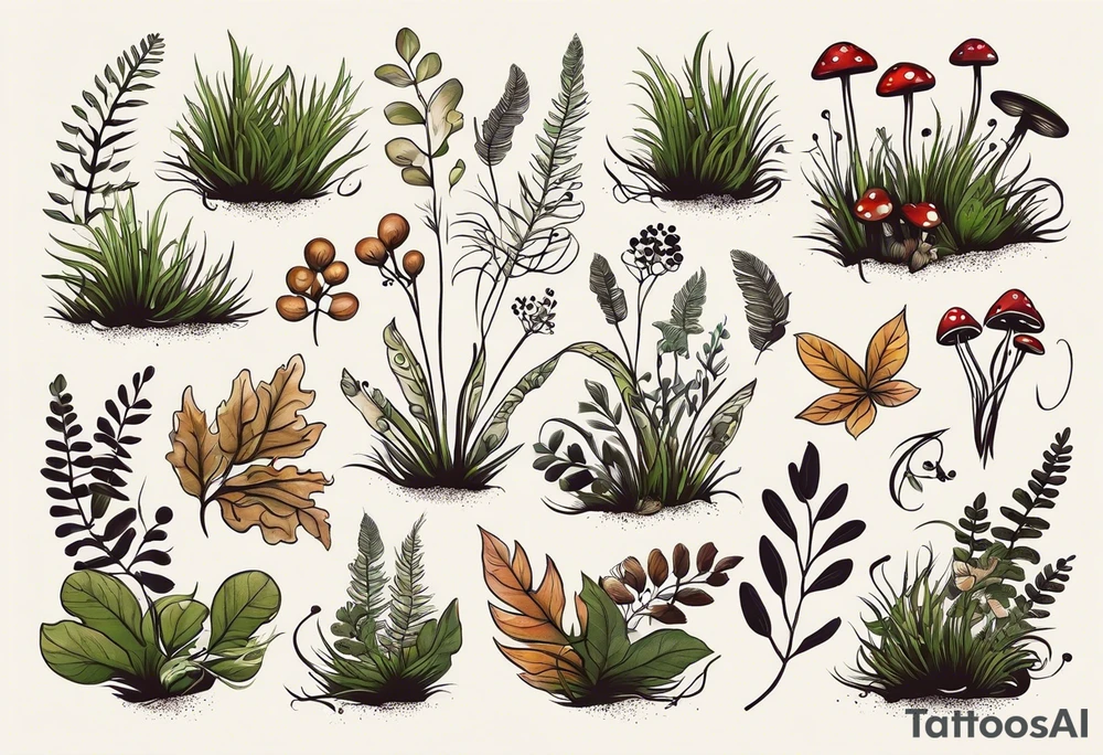 minimalistic forest floor inspired tattoo, which includes grass, moss, curly ferns and dead leaves as the bulk of the tattoo. details to include: forest berries, couple of very small brown mushrooms, a tiny bumblebee flying nearby tattoo idea