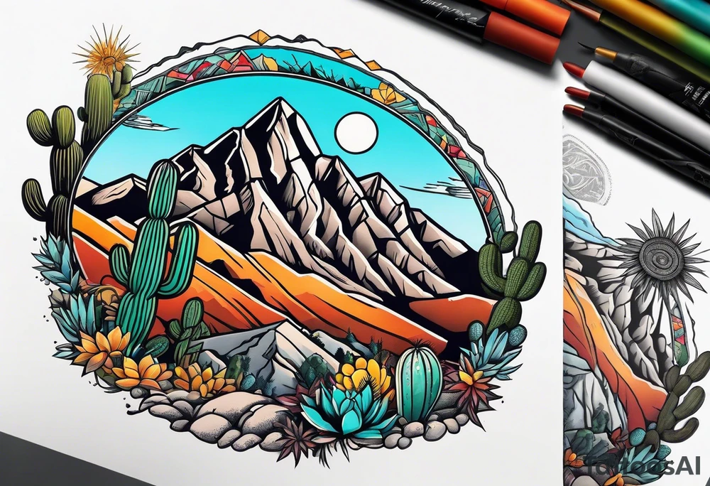 Forearm with mountain, cactus, and hikers tattoo idea