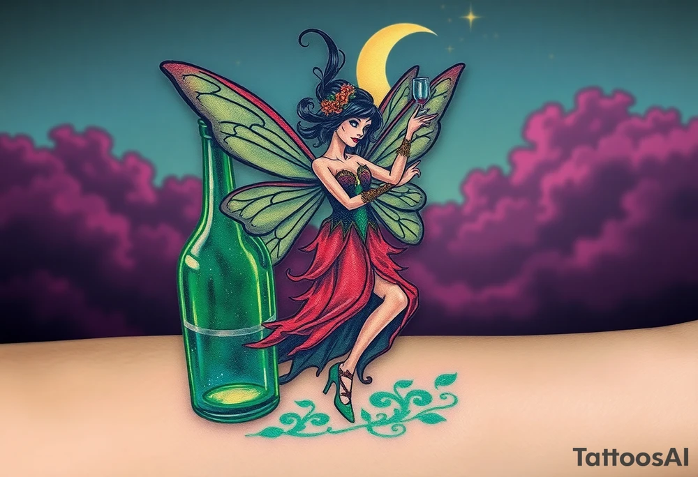 Tim Burton’s pin up style Vintage Parisian elegant and hauntingly beautiful yet eerie full body absinthe Green Fairy dances outside her victorian crystal decatur absinthe bottle Absinthe Art Nouveau   and dripping with muted reds, dusty pinks, and eerie green glow.purple and cyan smokey clouds swirl in the crescent moonlit sky thats sprinkled with stars tattoo idea
