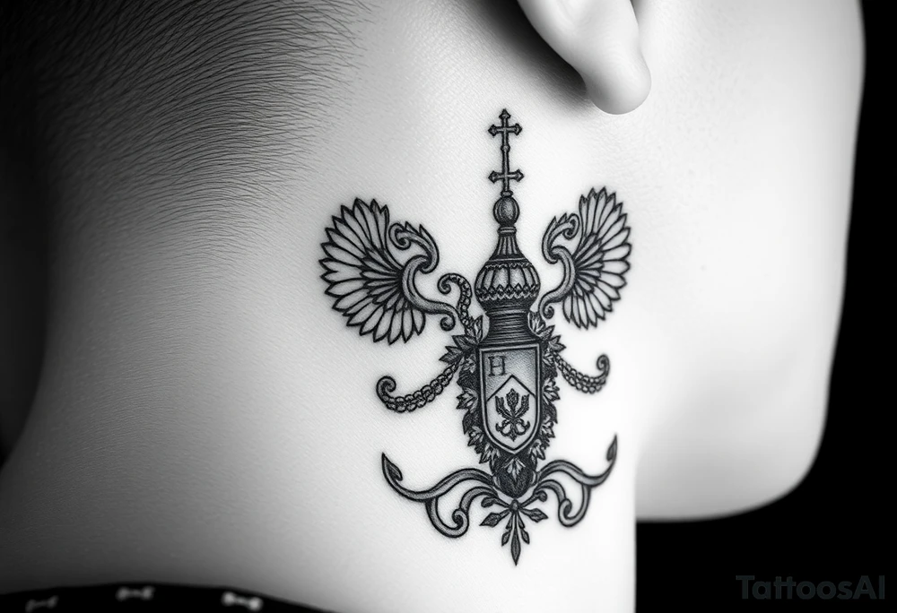 russian coat arms in a russian christian orthodox style virgin mary & orthodox dome church on the side of the neck tattoo idea