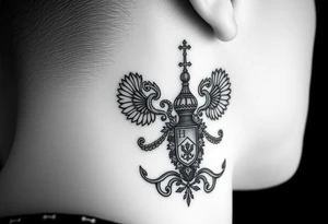 russian coat arms in a russian christian orthodox style virgin mary & orthodox dome church on the side of the neck tattoo idea