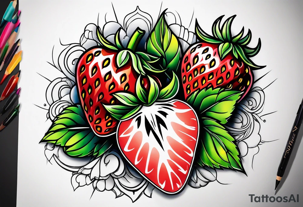 Single Strawberry new school tattoo idea