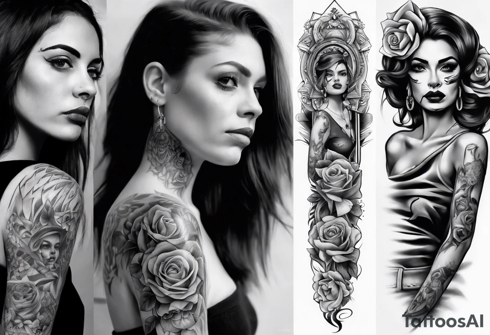 Chicano style women photorealism arm sleeve tattoo idea