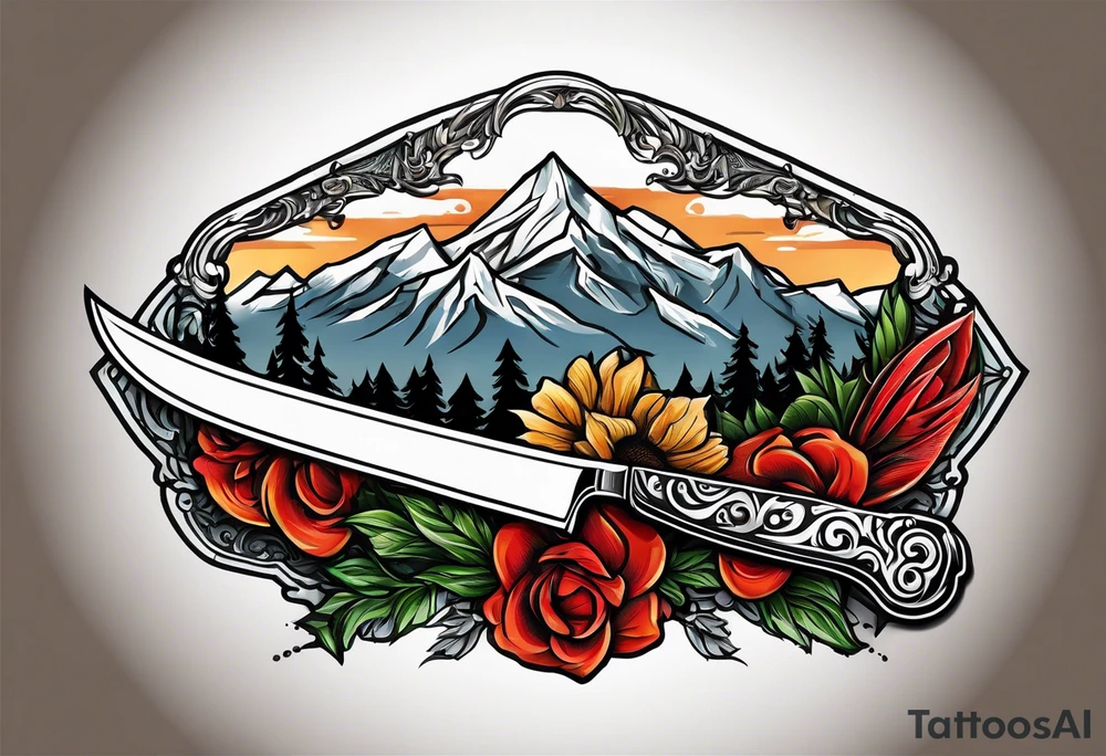 Chef knive with mountain range on the blade of the knife tattoo idea