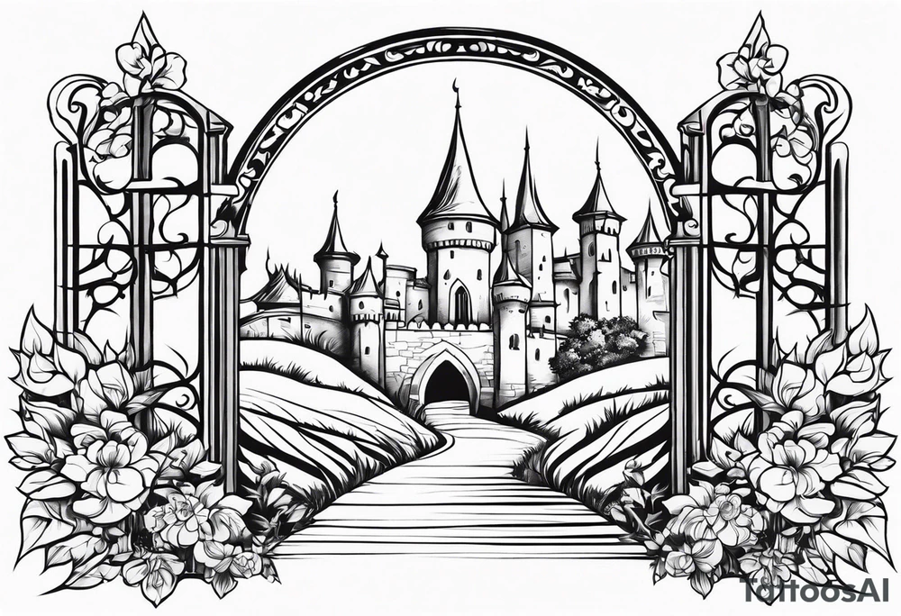 medieval tribal city gate floral land vignette tattoo idea