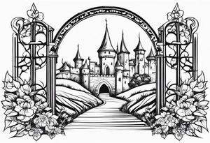medieval tribal city gate floral  land  vignette tattoo idea