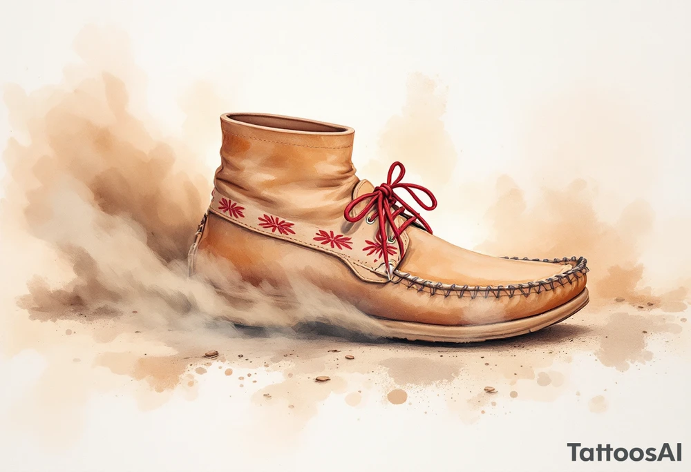 A brown moccasin print with red stitching details, walking across a dusty trail. tattoo idea