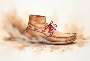 A brown moccasin print with red stitching details, walking across a dusty trail. tattoo idea