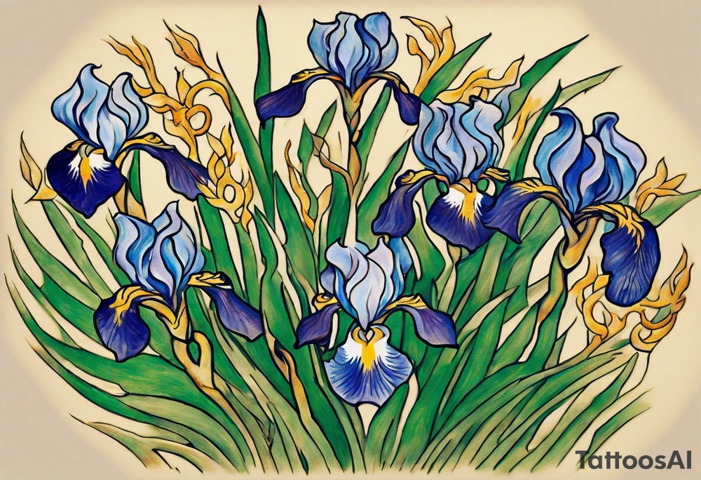 Create a small, thick, colorful Vincent van Gogh Irises tattoo, with vines in Celtic knots gracefully intertwining at mountains need to be present. The intended placement is on the upper chest. The overall design should be small in size while maintaining a delicate and artistic aesthetic. Pay attention to the graceful flow of the vines and the placement of the irises to achieve a refined and elegant look. tattoo idea