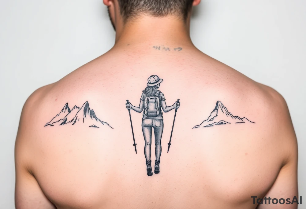 one fine line tattoo with a woman holding hiking poles and hiking (from behind) tattoo idea