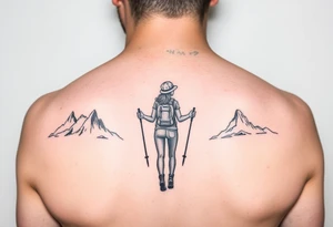 one fine line tattoo with a woman holding hiking poles and hiking (from behind) tattoo idea