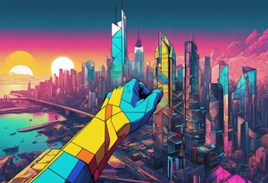 cyberpunk 2077, forearm tattoo, geometric, subtle, men, city skyline, bright colour, panam palmer tattoo idea