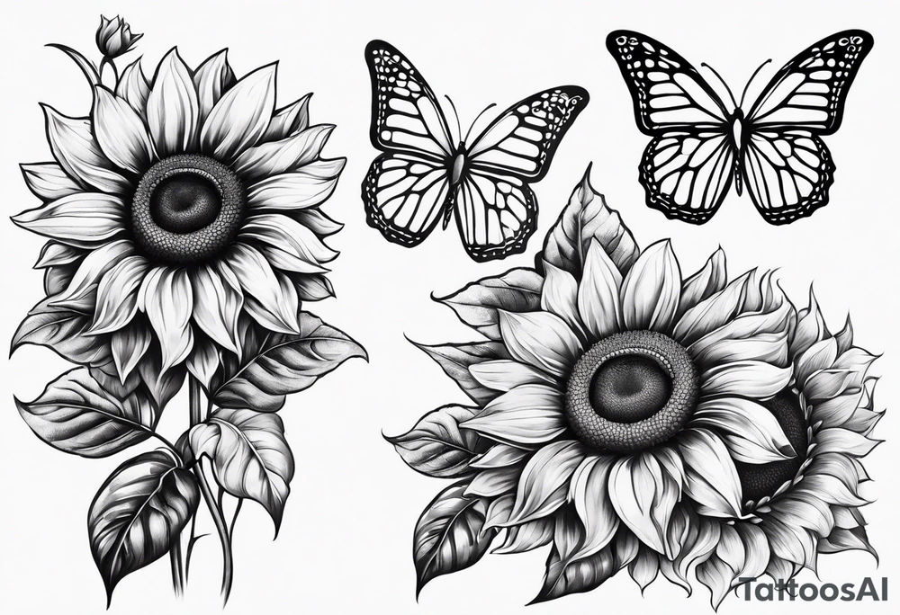 Sunflower and butterfly leg sleeve tattoo idea