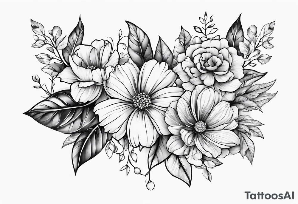 decorative horizontal piece with jewelry and flowers tattoo idea