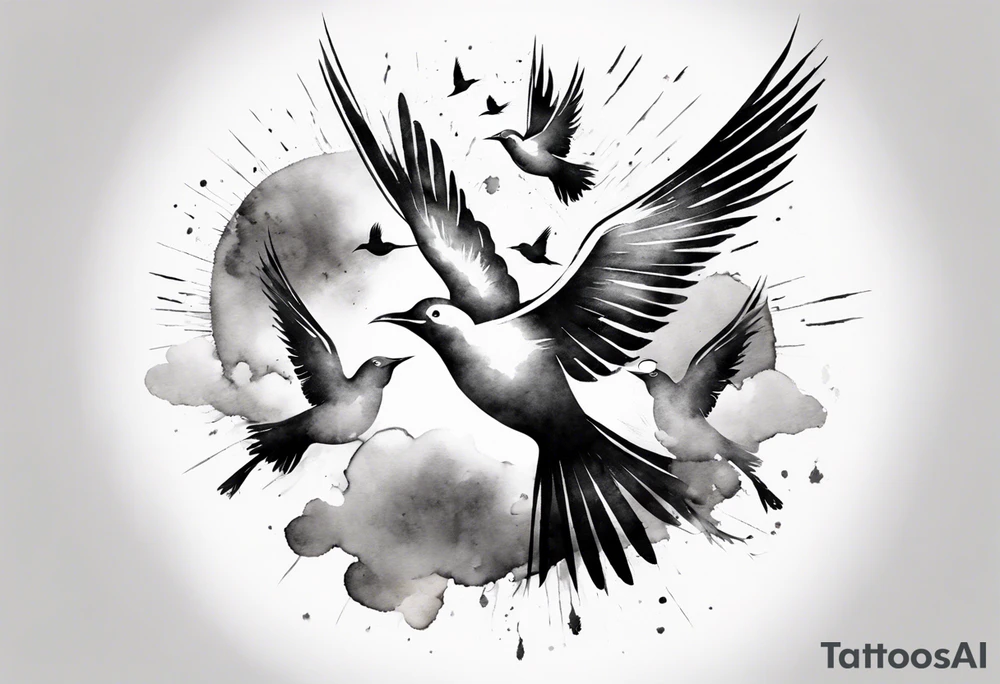shoulder tattoo with light rays with birds flying free among the clouds, round shape, 3d effect tattoo idea