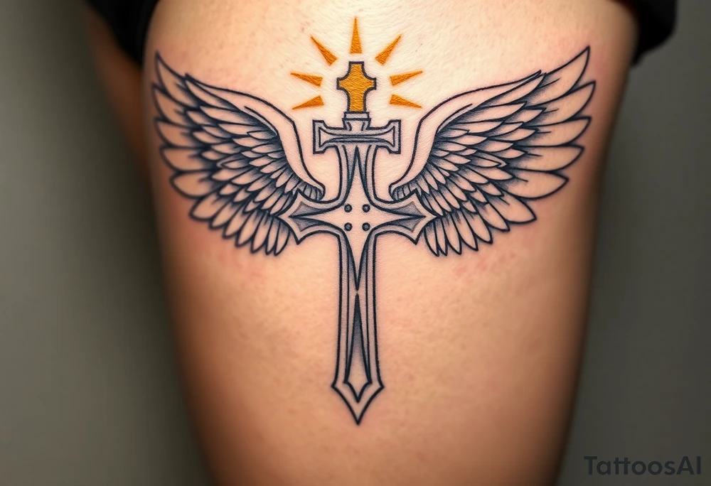 A white and gold Templar cross with angel wings, glowing with divine light tattoo idea
