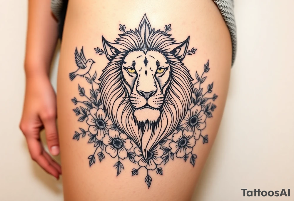 powerful majestic lion with a crown, surrounded by floral ornaments and birds tattoo idea
