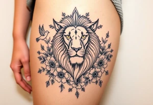 powerful majestic lion with a crown, surrounded by floral ornaments and birds tattoo idea