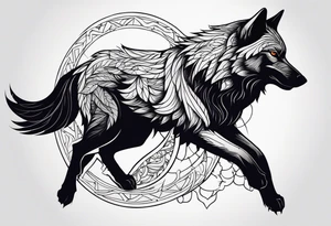 a wolf and a raven back to back facing opposite direction integrated into image tattoo idea
