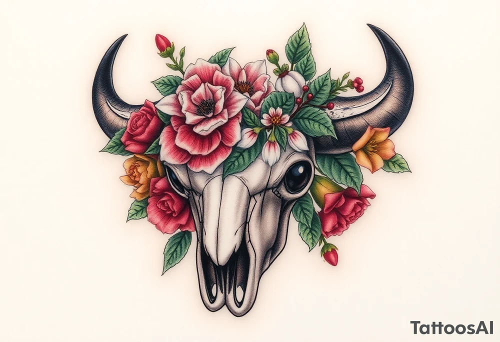 Buffalo or bison skull with flowers. Peony, snowdrop, holly with berries, larkspur, peony. Colour. For upper arm or shoulder. Masculin. tattoo idea