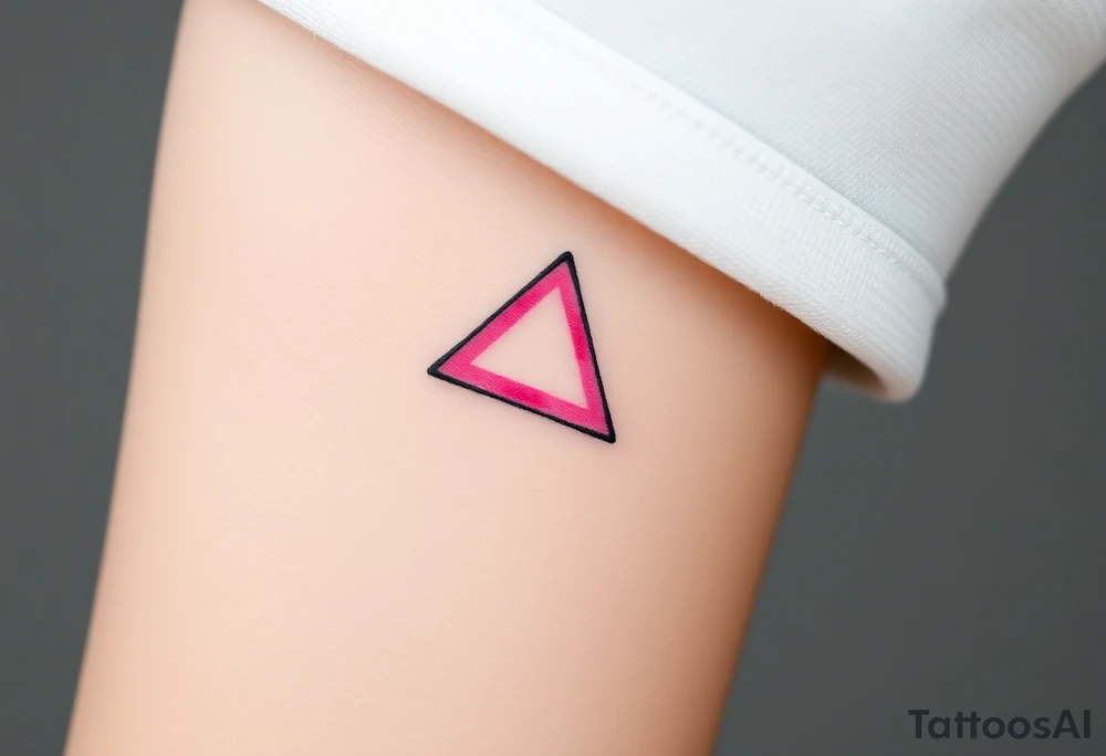 A watercoloured pink triangle (upsidedown), with very small black lining and upside down. Just the colour pink. No shapes. Just the colour pink filling the triangle and a small black outline tattoo idea