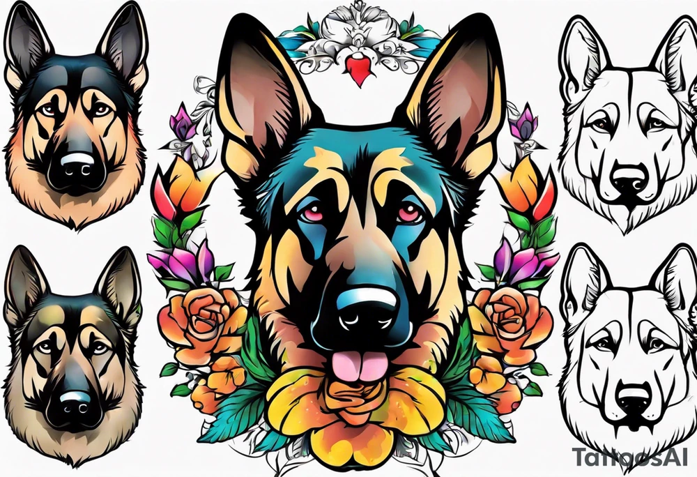 German shepherd portrait brightly colored flower frame tattoo idea