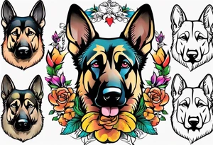 German shepherd portrait brightly colored flower frame tattoo idea