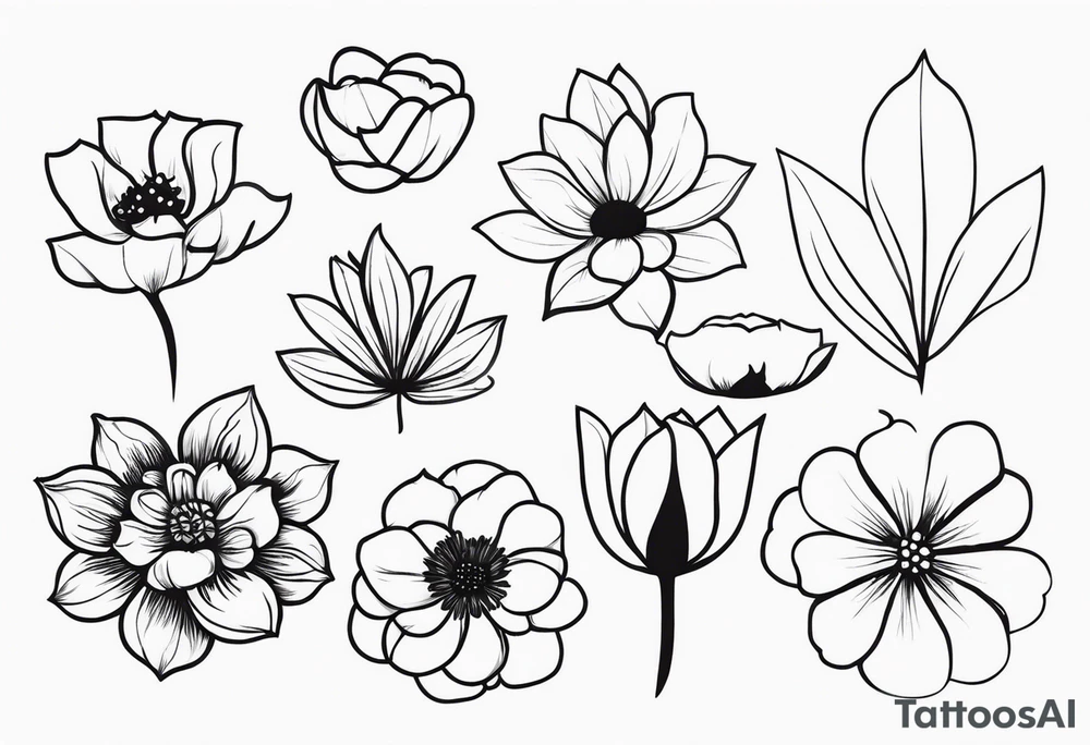 “Produce a series of minimalist flower tattoos, each representing different blooms with a focus on simplicity and beauty.” tattoo idea