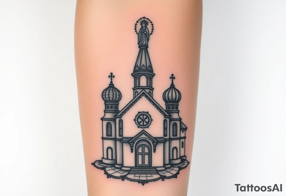 in a dorsal view a detailed medium sized country style russian orthodox church with onion domes and a band at the front with mist shrouding the top and fading into a virgin mary overlooking above at the top tattoo idea