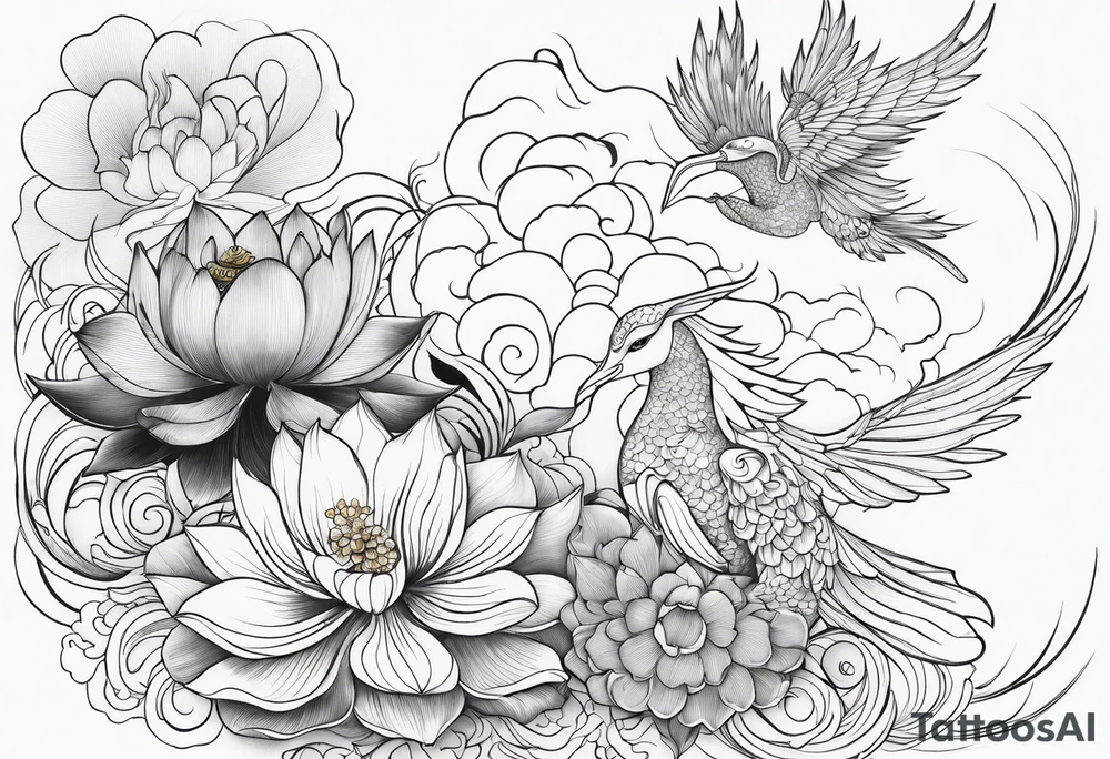 Lotus flowers phoenix lady and Capricorn tattoo idea