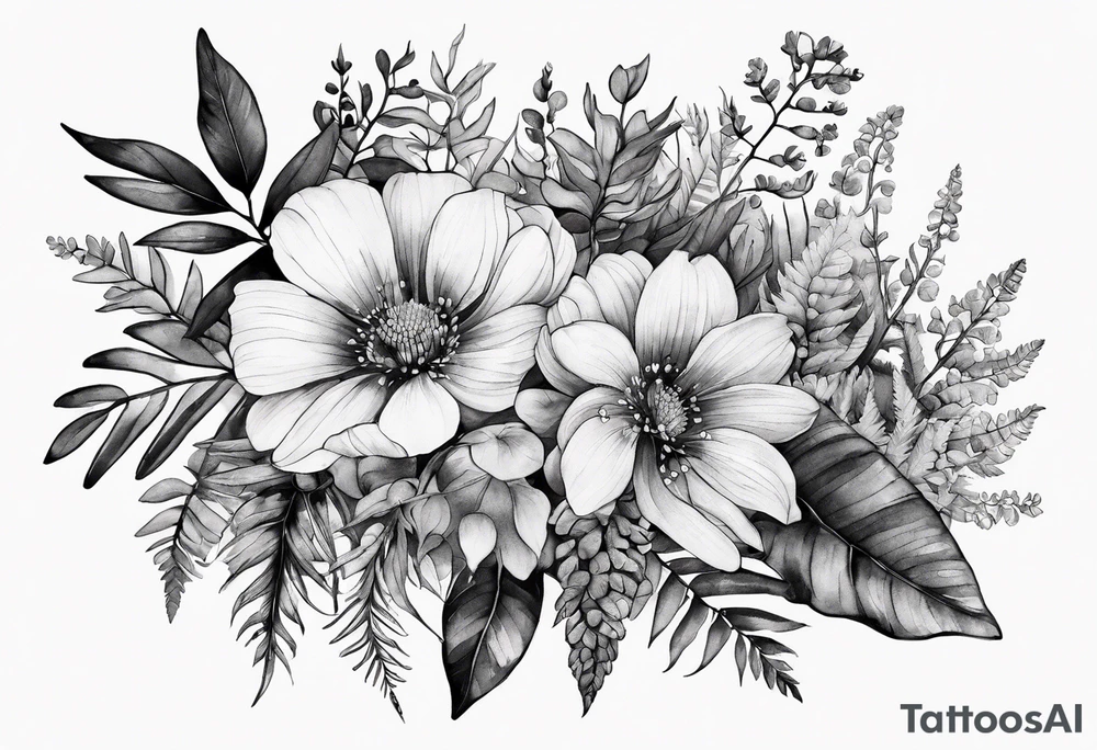 Handful of wild flowers with ferns all watercolor tattoo idea
